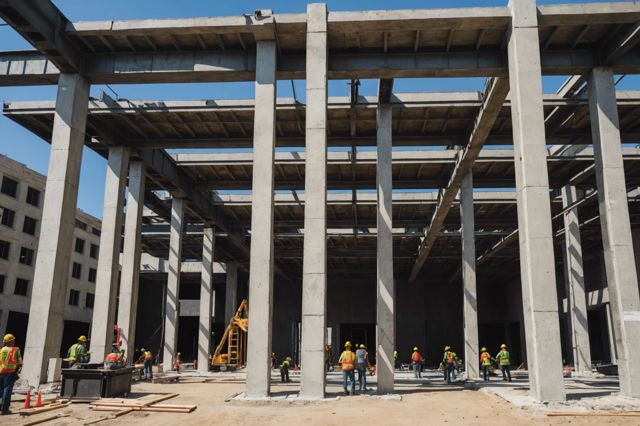 A construction crew retrofitting a large concrete-frame building in Los Angeles, with visible support beams being added to strengthen the weak first floor