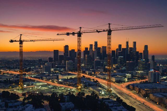 Los Angeles skyline with construction cranes at sunset