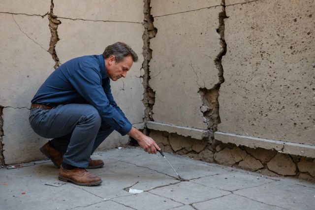 A structural engineer in Los Angeles inspecting the cracked foundation of a building, with visible signs of sagging floors and a background showing a seismically active urban area