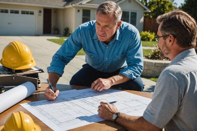 A contractor discussing detailed estimates with a homeowner over a table, showing various construction materials and a blueprint, in sunny Los Angeles