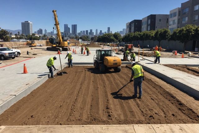 Construction workers preparing a site in Los Angeles, with surveying equipment, excavating soft soil, and installing moisture barriers under a sunny sky