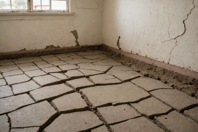 Los Angeles home foundation with visible cracks, uneven floors, and a background showing a mix of high clay content soil and water damage