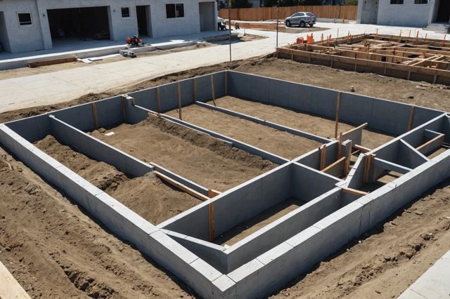 A sturdy new house foundation under construction in an urban Los Angeles setting, with visible earthquake-resistant features and construction workers ensuring compliance with modern building codes.