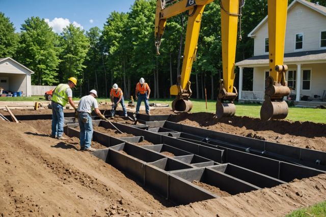 Construction workers installing steel piers into the ground beneath a house foundation in an area with expansive soil