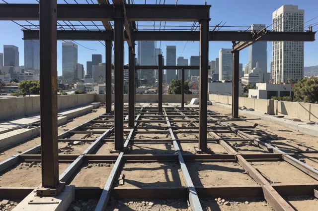 Steel beams and rods integrated into a building foundation, with shock absorbers and springs around the base, set against the backdrop of an earthquake-prone city like Los Angeles.