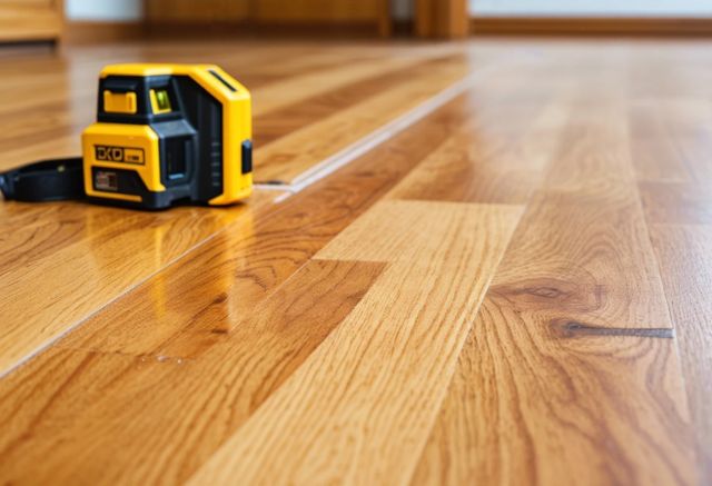 Laser level tool on uneven wooden floor