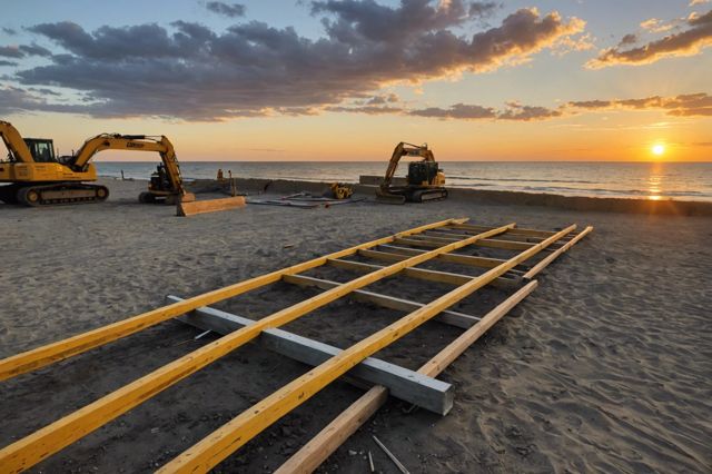 Sunset over oceanfront with construction tools