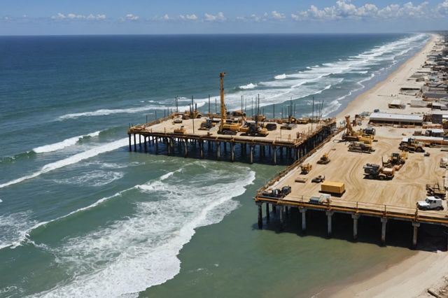 Oceanfront construction site with foundations being built using piers and pilings, facing high-velocity waves and storm conditions