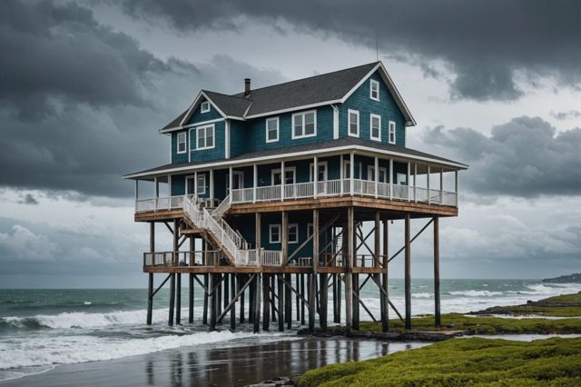 Coastal home elevated on pilings with stormy ocean waves, using durable materials under a cloudy sky