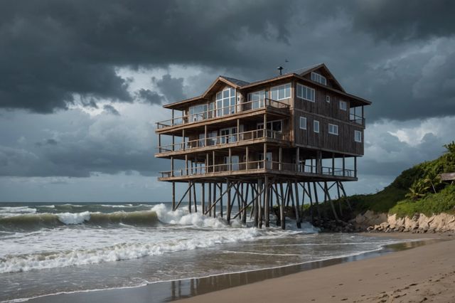 Oceanfront house on stilts with reinforced materials, facing large waves and stormy skies, emphasizing resilience and stability