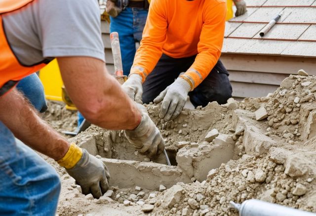 Construction team repairing home foundation