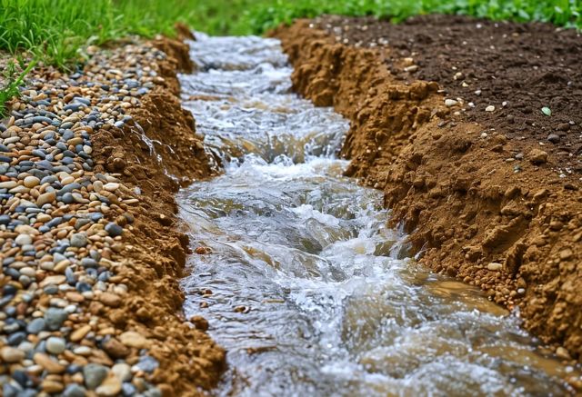 Water flowing into gravel trench