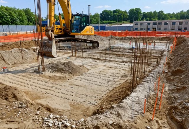 Construction site with helical anchors