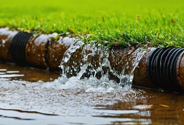 Rainwater flowing through backyard drainage pipes