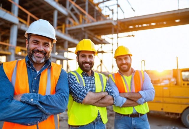 Construction site with happy workers