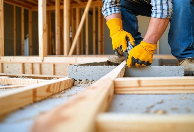 a-construction-worker-bolting-a-wooden-frame-to-a-concrete-foundation-and-reinforcing-crawl-spaces-with-plywood