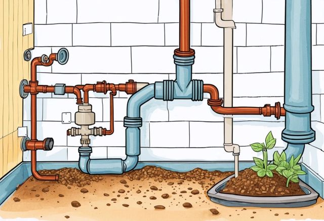 illustration-of-a-home-drainage-system-showing-pipes-connected-to-sinks-and-bathtubs-a-vertical-soil-pipe-and-a-catch-basin-in-a-residential-setting